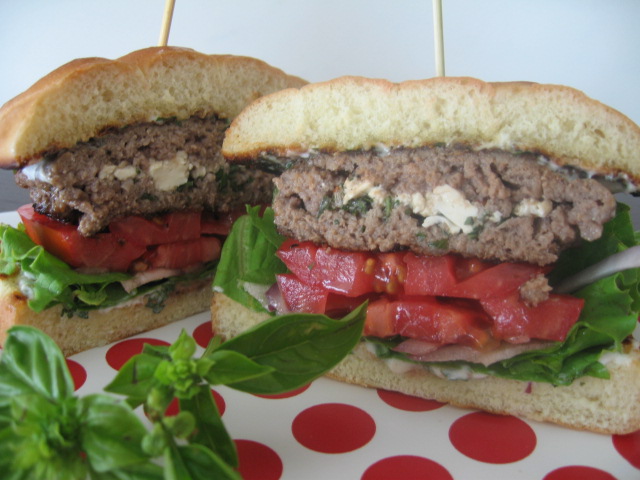 Feta-stuffed Burgers How I will miss juicy tomatoes straight from the garden...